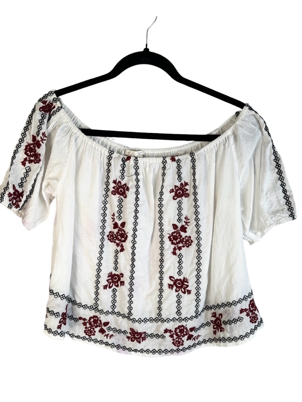 Love Shack Fancy White Red Black Spanish Style Embroidered Flowy Boho Top Small